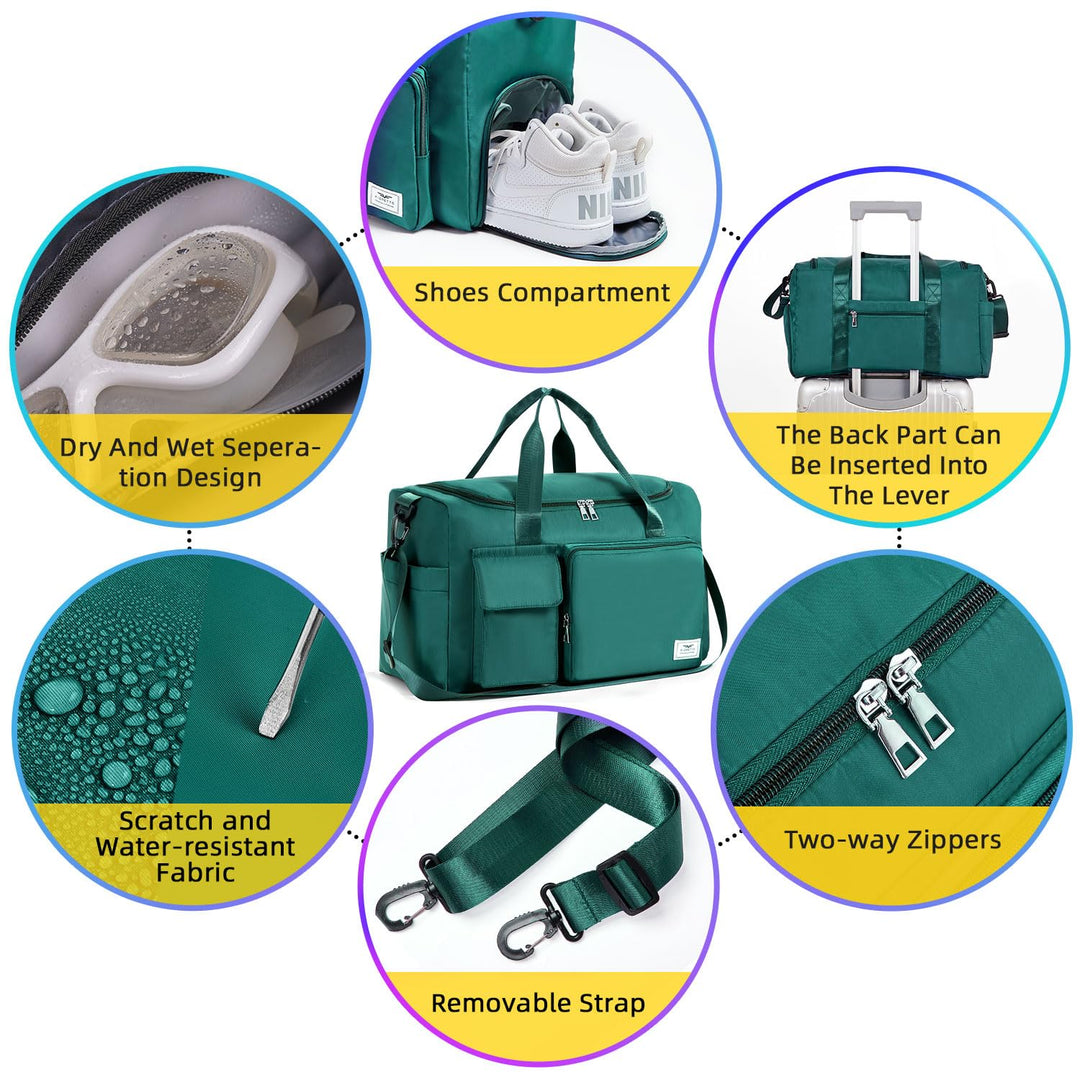 FIORETTO Women's Water-Resistant Gym Duffle Bag with Shoes Compartment, 37L Capacity, Multi-Functional, Ideal for Travel, Gym, Sports, Weekender, with Toiletry Bag, Dark Green