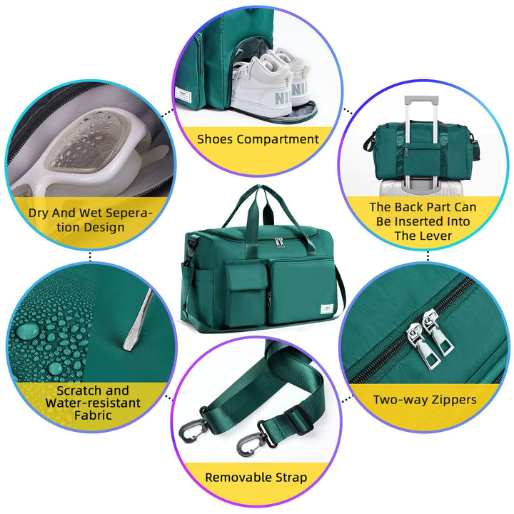 FIORETTO Women's Water-Resistant Gym Duffle Bag with Shoes Compartment, 37L Capacity, Multi-Functional, Ideal for Travel, Gym, Sports, Weekender, with Toiletry Bag, Dark Green