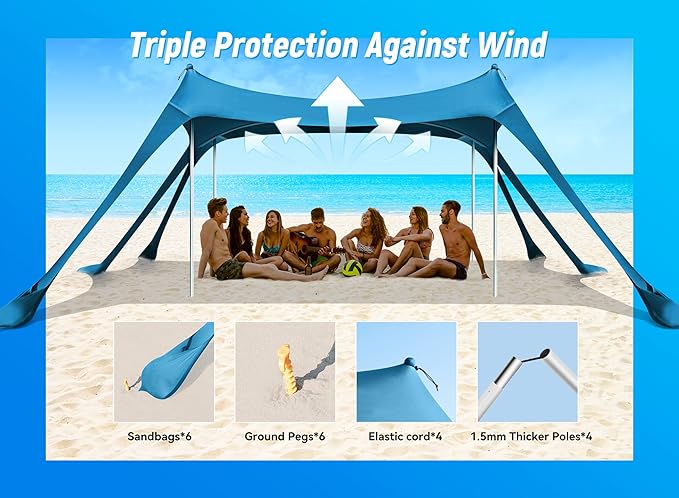 Beach Tent, Camping Sun Shelter UPF50+ with 6 Sandbags, 2 Sand Shovel, 4 Stability Poles, Outdoor Pop UP Beach Canopy for Camping Trips, Fishing, Backyard Fun, Picnics-Navy Blue