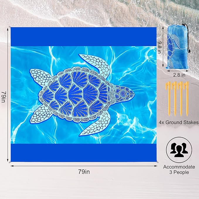 Sea Turtle Beach Blanket Waterproof Sandproof, 79x79Inch Sand Free Beach Mat, Quick Drying, Light Weight and Portable Outdoor Picnic Mat for Travel, Camping