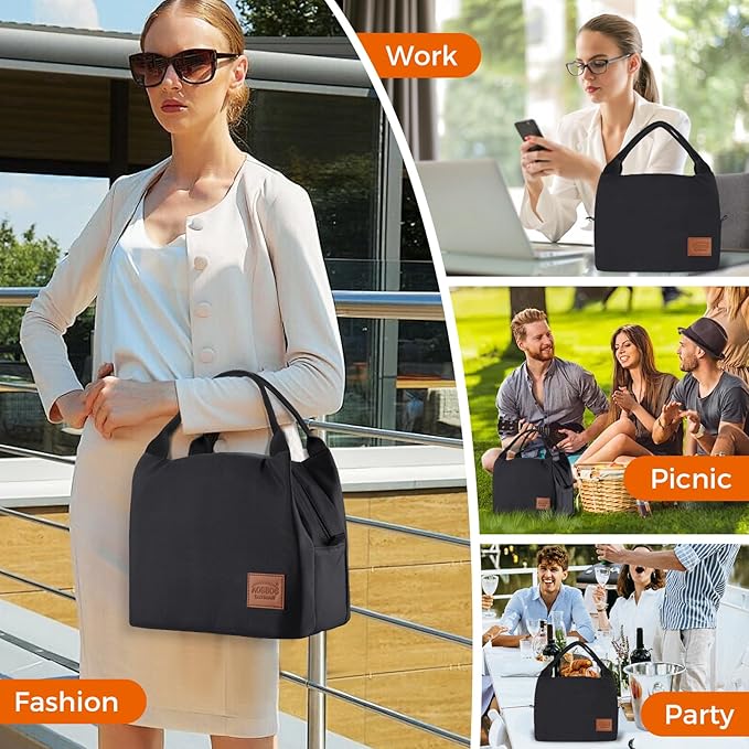 Aosbos Black Lunch Bag Women Insulated Lunch Bags for Adult Lunch Box for Women Lunchbox Lunch Tote Bento Box Cooler Bag for Work Office Picnic