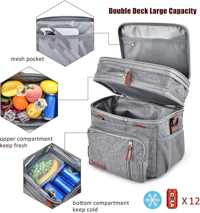 MIYCOO Lunch Bag for Women Men Double Deck Lunch Box - Leakproof Insulated Soft Large Adult Lunch Cooler Bag for Work, (Grey,15L)
