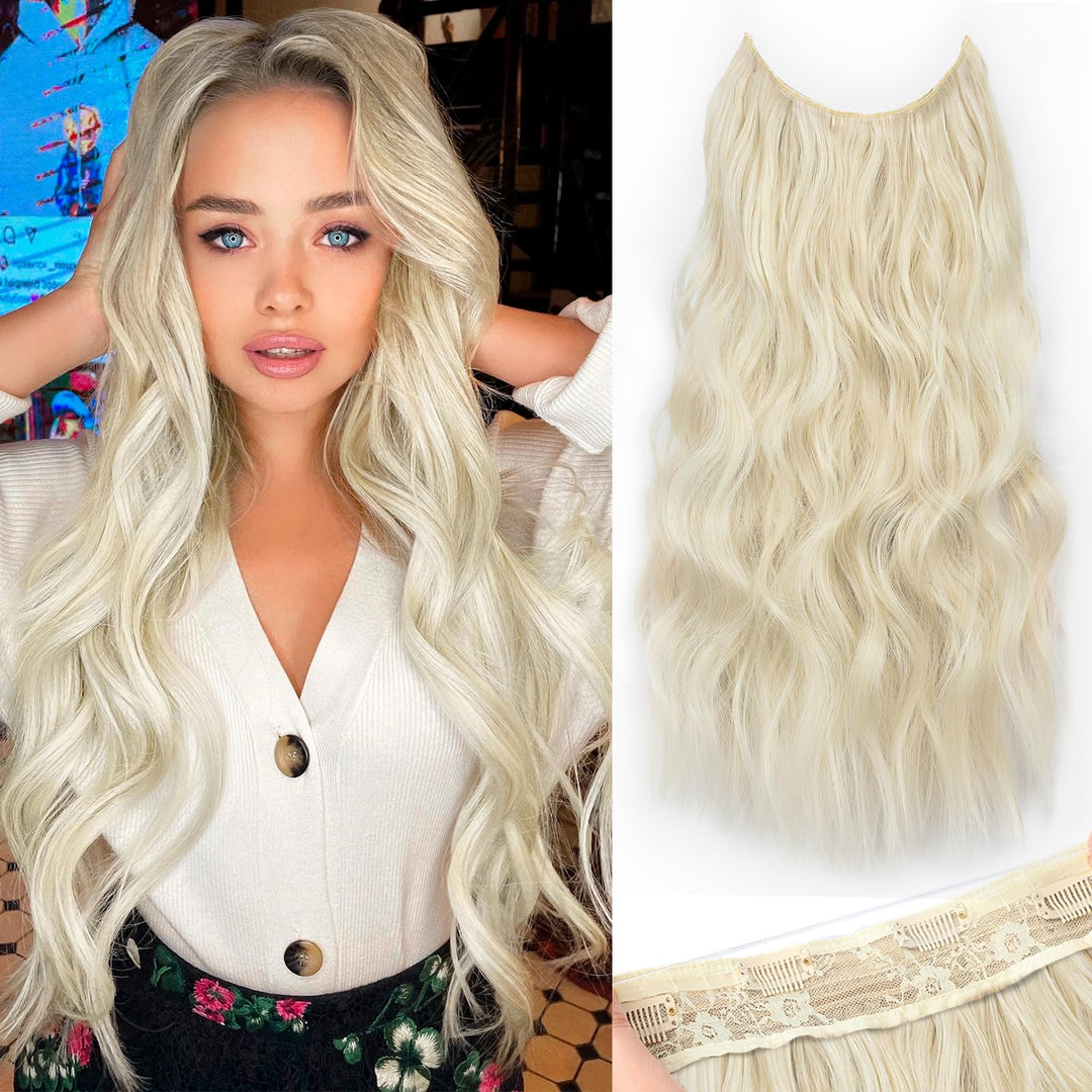 Kookastyle Invisible Wire Hair Extensions With Transparent Wire Adjustable Size 4 Secure Clips Long Wavy Secret Hairpiece 20 Inc