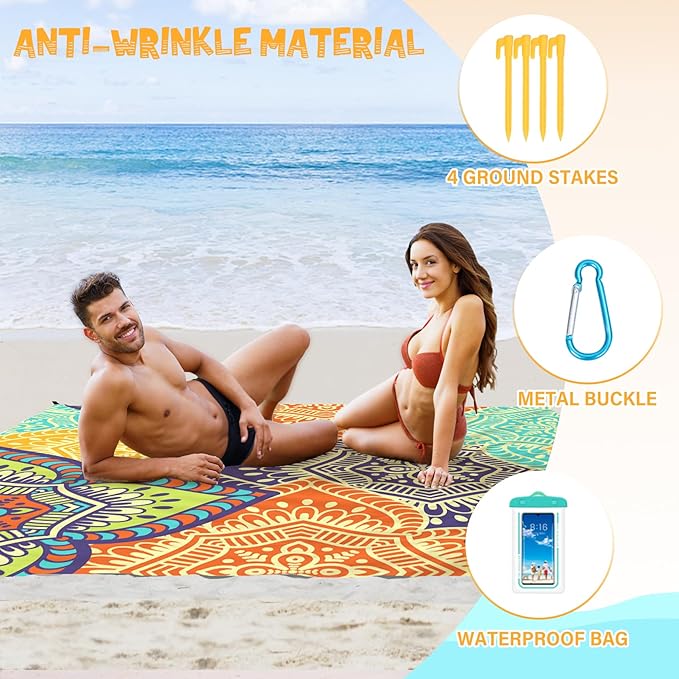 Beach Blanket Waterproof Sandproof 1-7 Adult Oversized 78 '' × 81 '' Lightweight Durable Compact Sand Free Beach Mat for Travel Camping Hiking Picnic Blanket Extra Large