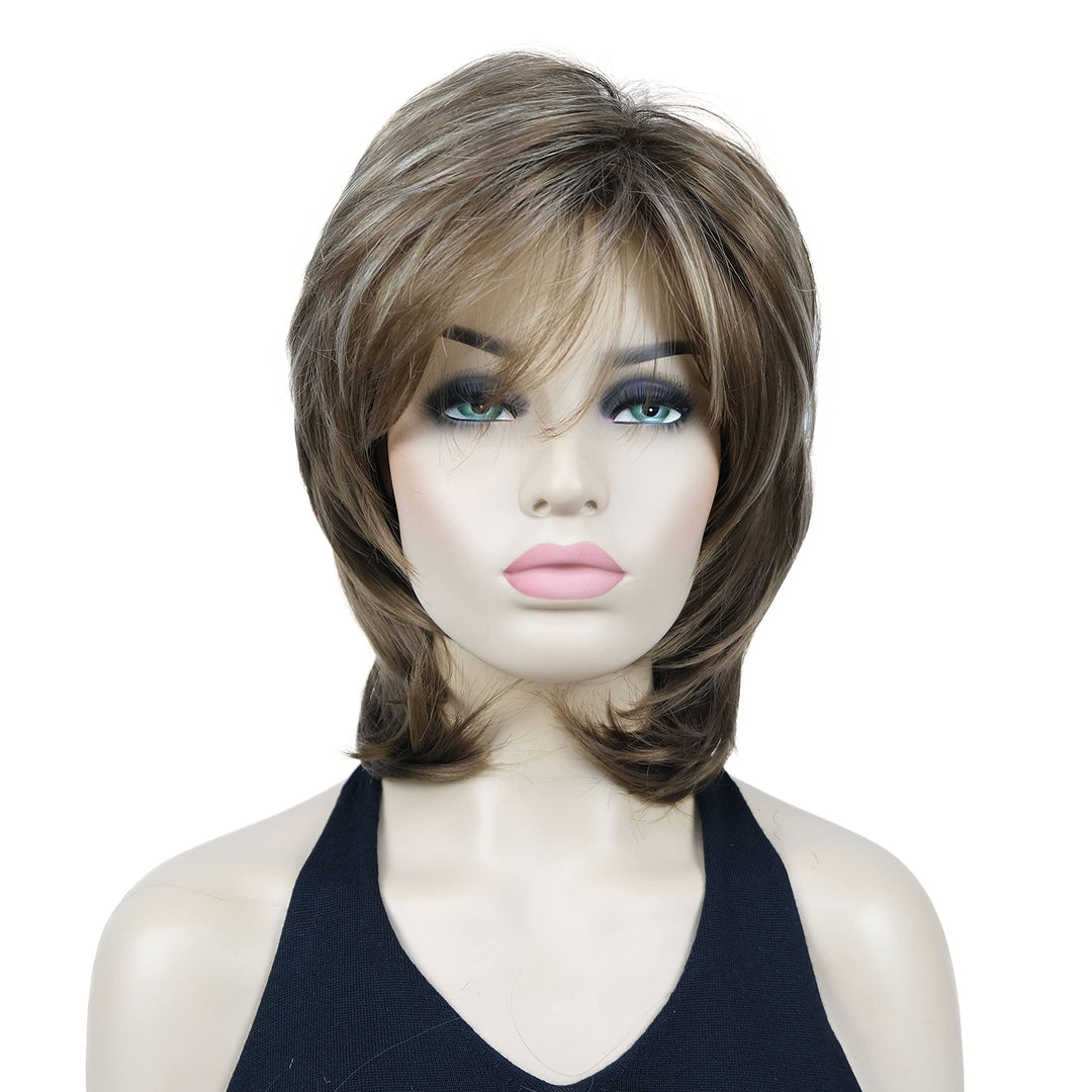 Lydell 16" Long Straight Wigs Soft Shaggy Layered Wigs Classic Cap Full Synthetic Hairpieces (12TT26 Brown with Highlights)