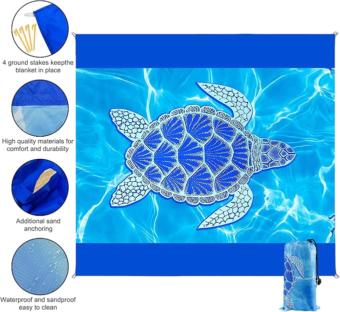 Sea Turtle Beach Blanket Waterproof Sandproof, 111x121Inch Sand Free Beach Mat, Quick Drying, Light Weight and Portable Outdoor Picnic Mat for Travel, Camping