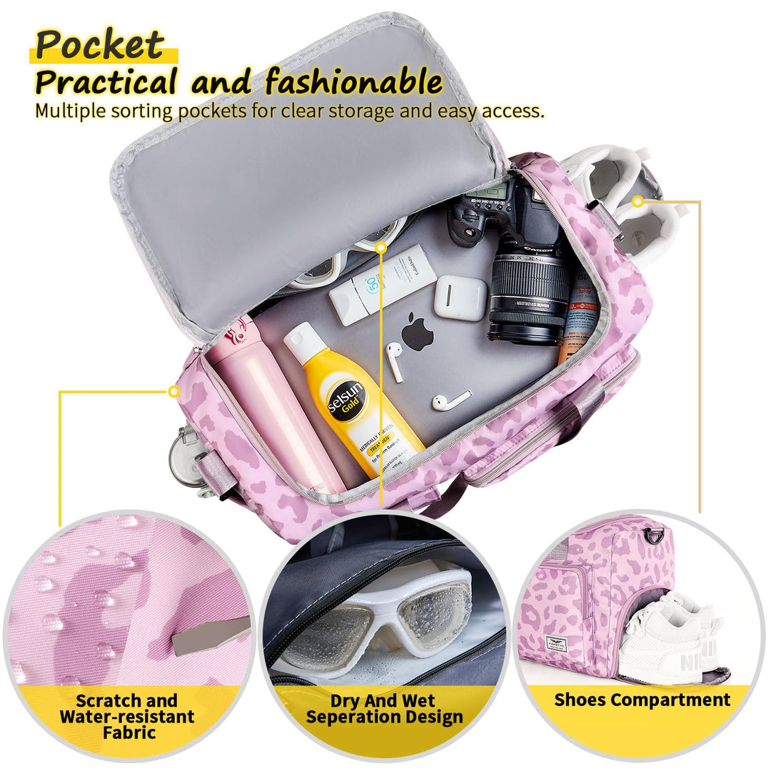 FIORETTO Women's Water-Resistant Gym Duffle Bag with Shoes Compartment, 37L Capacity, Multi-Functional, Ideal for Travel, Gym, Sports, Weekender, Leopard Print