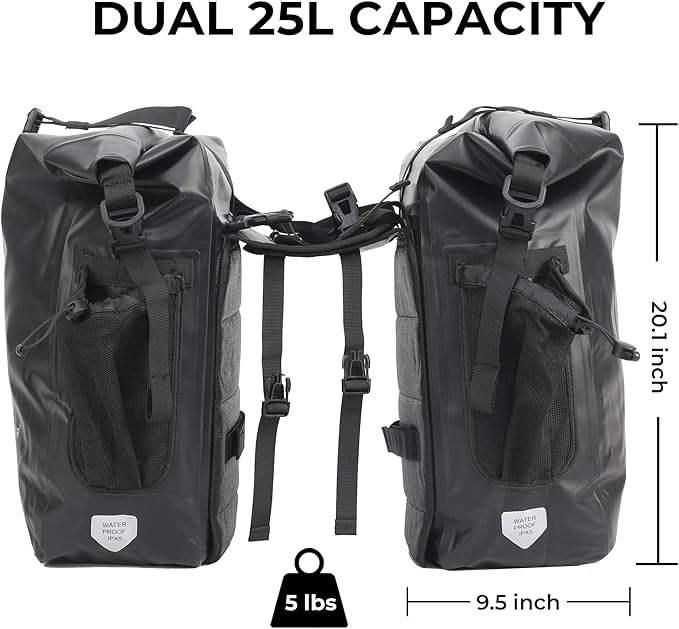Waterproof Bike Panniers - 50L Saddle Bags for Bicycles Rear Rack - Bike Bag for Grocery, Laptop (Black, 1 Pair)