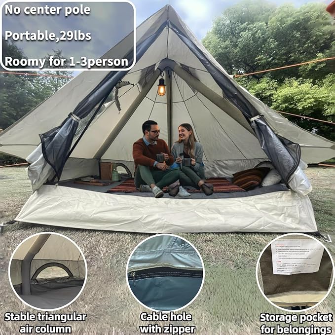 DANCHEL OUTDOOR B2I Waterproof Inflatable Camping Tent with Stove Jack for 1-3 Person, No Center Pole Portable Blow up Galmping Yurt with Pump, 300D Oxford Polyester Bell Tent Hiking, 29lbs, 3m