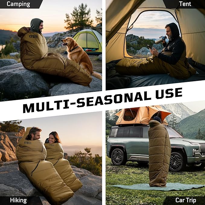 Mummy Sleeping Bag for Adults, Cold Weather Camping Sleeping Bags (25-36℉) with Adjustable Hood, Phone Pocket, Compression Sack for Warm Camping Hiking Outdoor