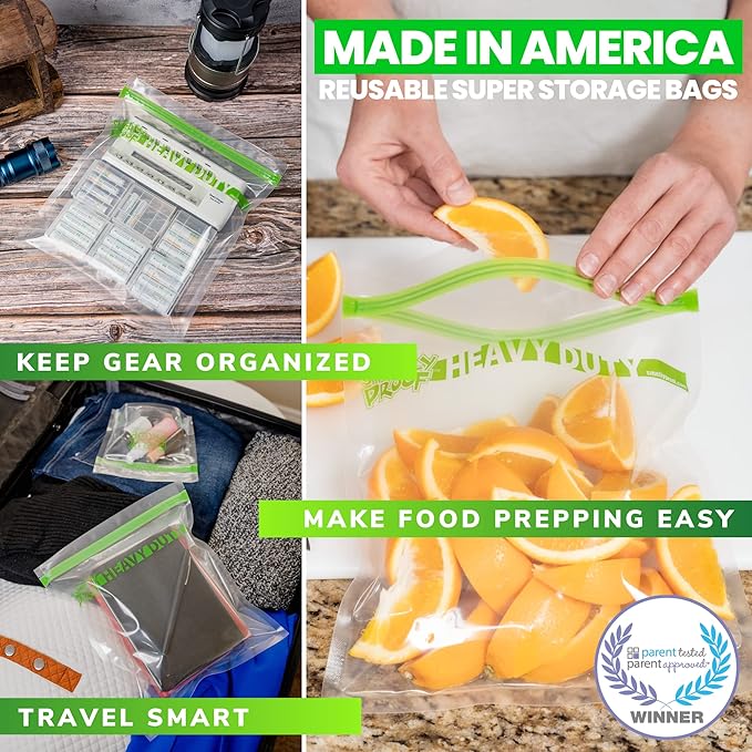 Smelly Proof REUSABLE STORAGE BAGS, Large HEAVY DUTY 5-mils US-Made BPA FREE, NO PEVA, Dishwasher-Safe Reusable Freezer Bags CLEAR FLAT Quart 10" x 8.5" 5pk