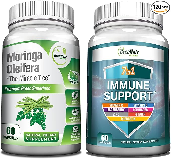 Energy Support & Immune Defense Bundle: Pure Moringa Oleifera Leaf Extract Veggie Capsules (1000 mg) with 7-in-1 Immune Support Formula for Energy, Mood, Memory, Focus