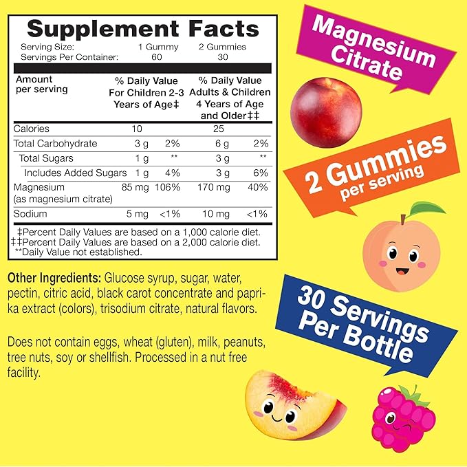Magnesium Citrate Gummies for Kids (2 Pack) - Chewable Stress Relief Supplement for Children - Natural Calm, Mood Support, Non-GMO, Gluten Free - Natural Sourced Flavors - 60 Gummies
