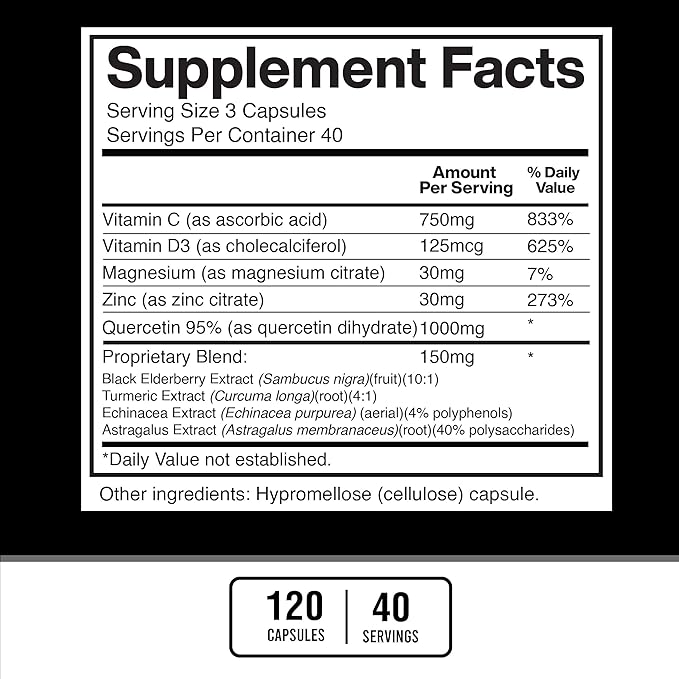 American Standard Supplements Quercetin 1000mg Per Serving with Zinc, Vitamin C, Vitamin D3, Magnesium, Elderberry, Echinacea, Turmeric, Astragalus - Gluten Free, Non-GMO, 120 Capsules, 40 Servings