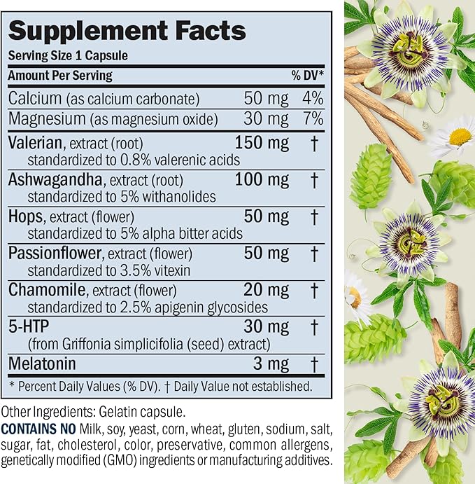 ANDREW LESSMAN Night Time 360 Capsules - 3mg Melatonin, Valerian, Ashwagandha, Passionflower, Hops, Chamomile. No Morning Hangover. Natural Support, Gentle Restful Sleep. Easy to Swallow Capsules