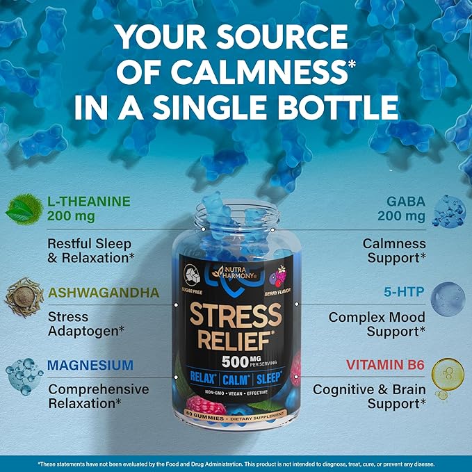 Stress Relief Support 500 mg - Relax, Calm & Sleep Support - Stress Gummies with L-Theanine | GABA | Ashwagandha | 5-HTP | Vitamin B6 & Magnesium - Sugar-Free, Vegan, Mixed Berry Flavor, Pack of 3