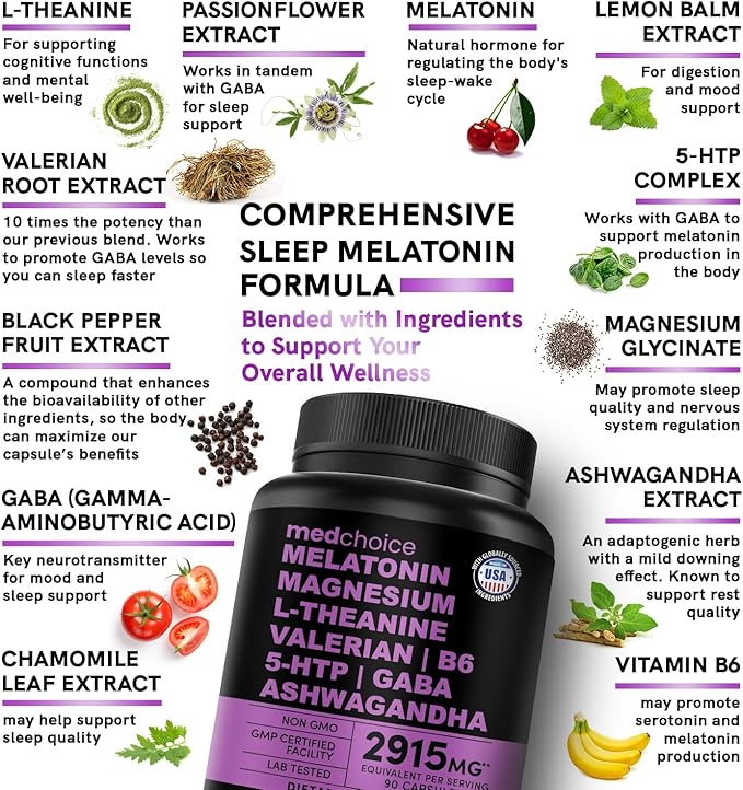 12-in-1 Melatonin Sleep Capsules - Natural Sleep Aids for Adults with Melatonin 5mg and Magnesium Glycinate 500mg, Sleep Aid with Ashwagandha, L Theanine, Valerian Root, GABA, 5-HTP (90ct, Pack of 4)