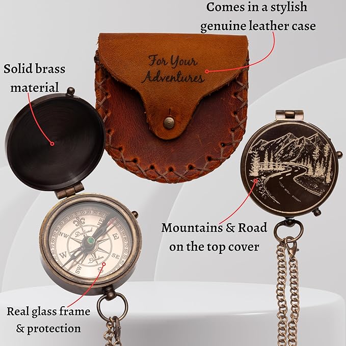Antique Brass Compass with Leather Case - Mountains & Roads Engraved Pocket Compass for Men - Genuine Leather Pouch Stamped with 'For Your Adventures' - Vintage Gift for Husband, Father & Son
