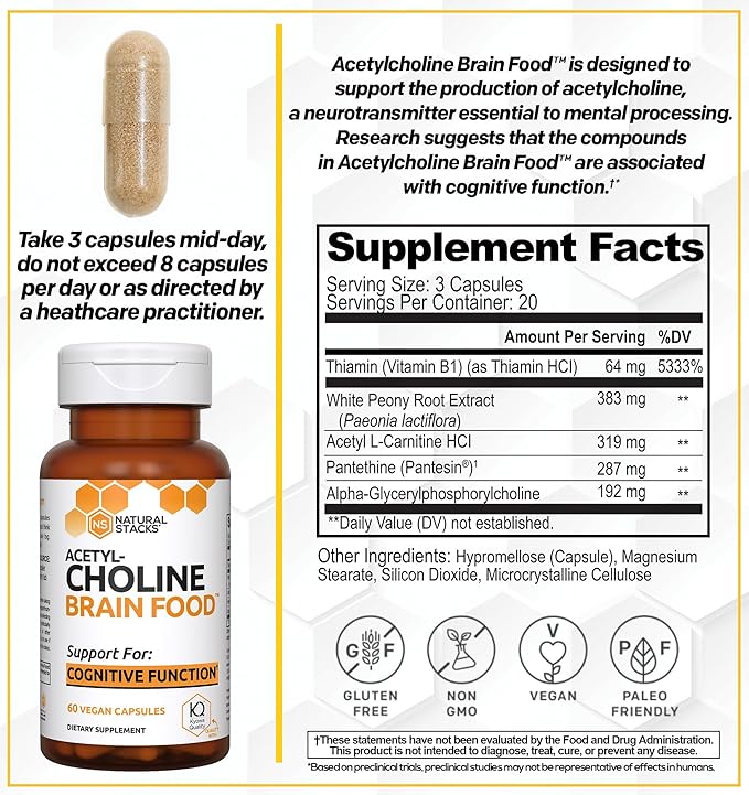 Acetylcholine Brain Food - Acetyl L-Carnitine & Alpha GPC Supplement - Supports Production of Acetylcholine - Neurotransmitter Supplement for Cognitive Function - 120 Capsules