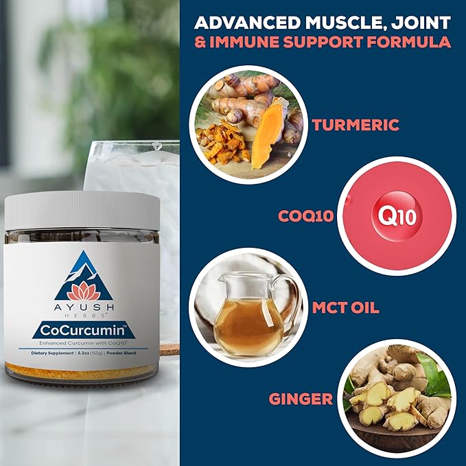 Ayush Herbs CoCurcumin - Turmeric Powder, Curcumin Powder with Black Pepper, CoQ10, MCT Oil for Glowing Skin, Joint, Muscle, and Gut Health - 4.2 Oz Jar (30 Servings)