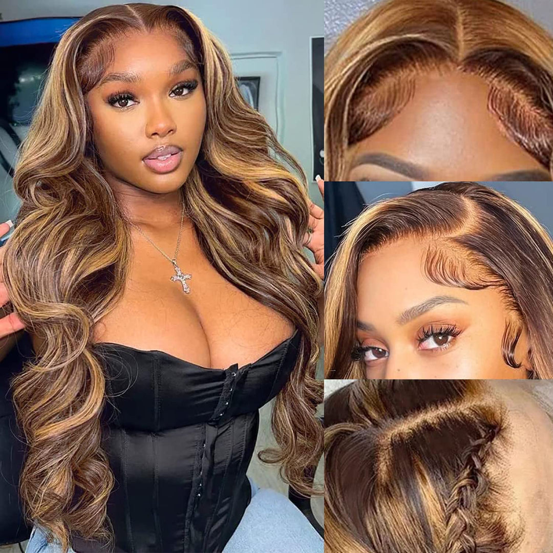 Aicrelery Highlight 4/27 Lace Front Wigs Human Hair 28 Inch Ombre 13X6 Body Wave Hd Transparent Lace Frontal Wig For Women 180%