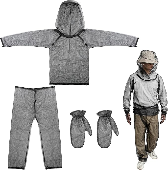 4 Pcs Mosquito Suit for Adult-Full Body Mosquito Net Suit Including Jacket Hood,Pants and Mitt Set-Outdoor Mesh Bug Protection from Bugs,Flies and Gnats