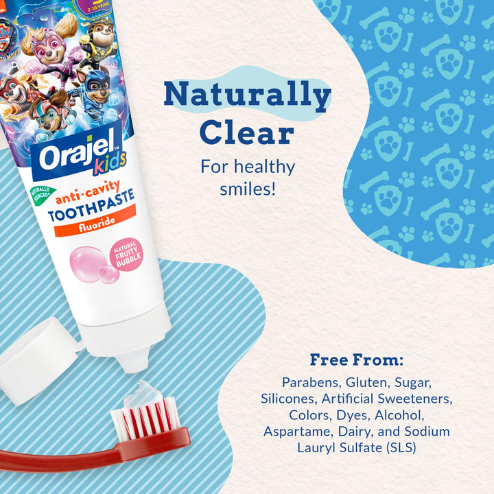 Orajel Kids Paw Patrol Anti-Cavity Fluoride Toothpaste, Natural Fruity Bubble Flavor, 4.2oz Tube (Pack of 2)