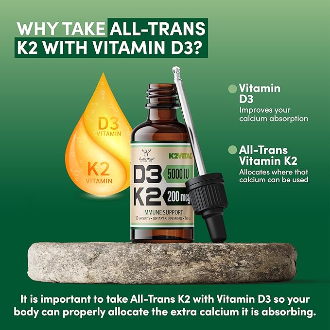 Vitamin D3 K2 5,000 IU Liquid Drops (5,000 IU of D3 and 200mcg of 99.9% All-Trans Patented K2 MK-7 (K2Vital)) Max Absorption Liquid Vitamin D Drops (30 Servings) by Double Wood