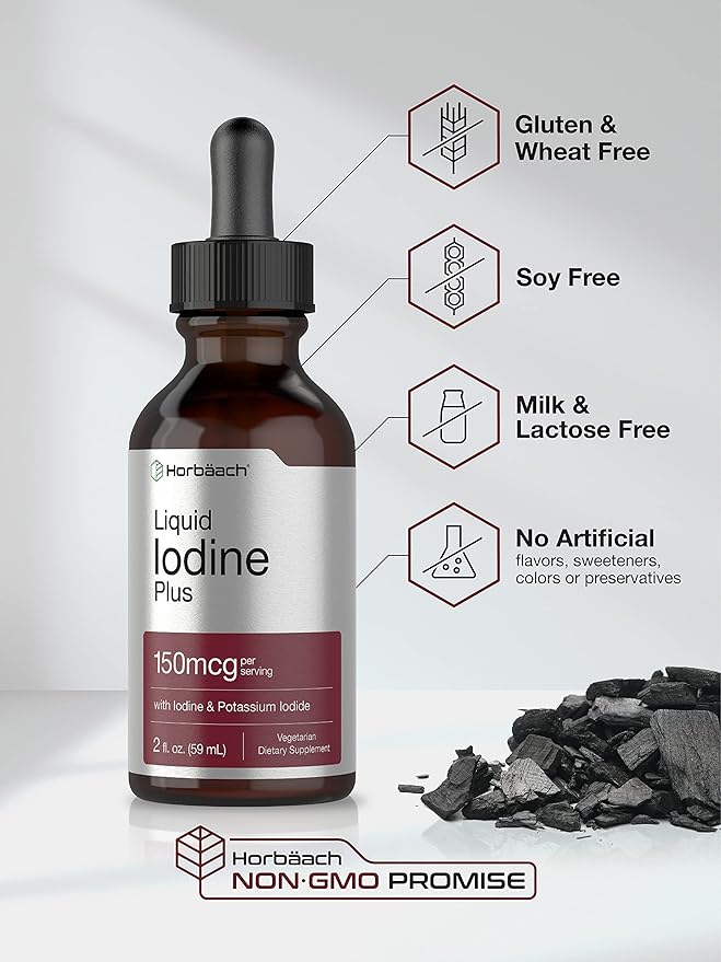 Horbäach Liquid Iodine Drops | 2 fl oz | 150 mcg | Iodine & Potassium Iodide Liquid Tincture | Vegetarian, Non-GMO, Gluten Free Supplement