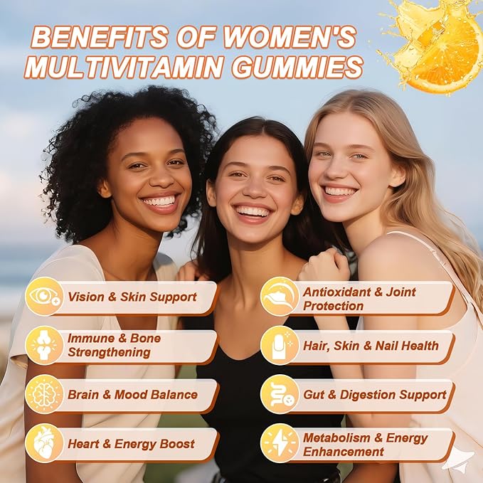 Multivitamin Gummies for Women w/Omega-3, Inositol, Folate, Biotin, Women Multivitamin Gummy w/Vitamins A, C, D3, E, B12 for Heart, Brain, Energy, Immune, Sugar Free, Orange Flavor, 60 Ct