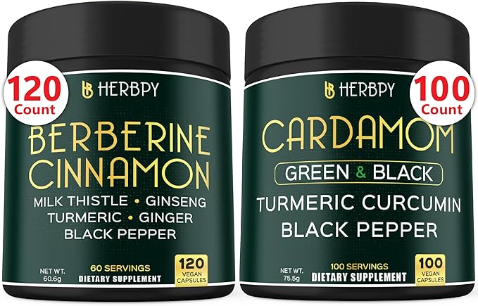 Bundle 7in1 Berberine HCl 97% 120 Count & 4in1 Cardamom Capsules 100 Count - Support Immune, Digestion, Heart Health, and Natural Wellness