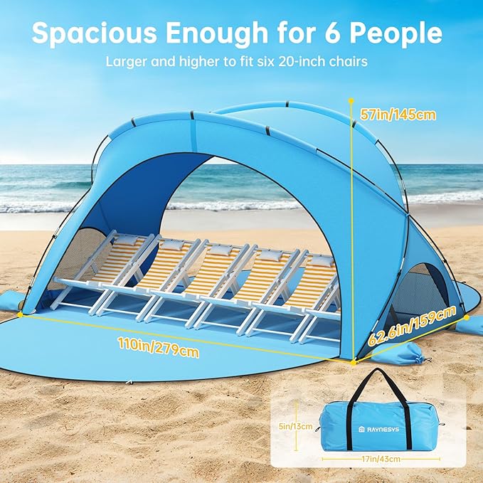 Beach Tent Sun Shelter, Beach Shade Tent with UPF50+ UV Protection, Beach Sun Shelter, Beach Shade with 2 Zippered Doors, Portable Beach Tent for Beach Camping Fishing