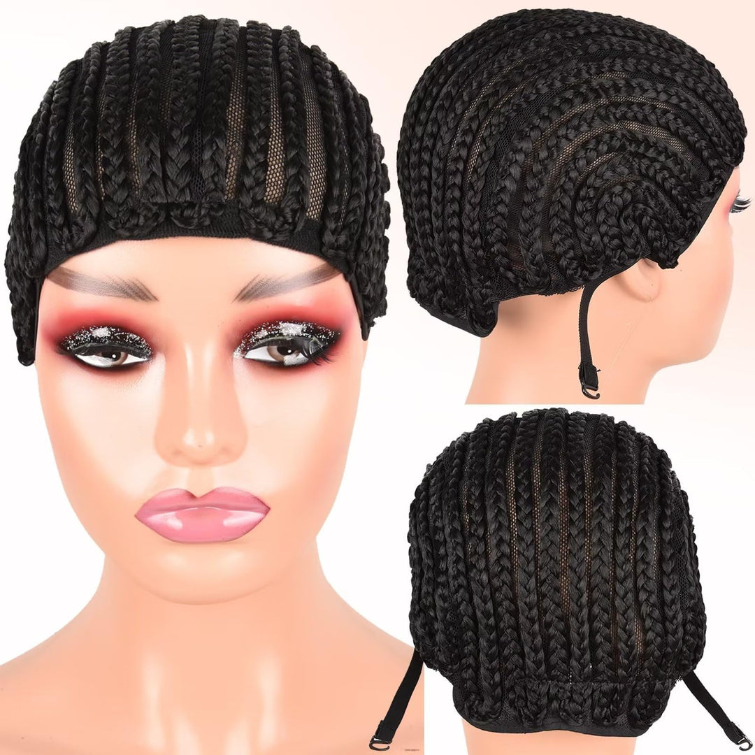 Royota Crochet Wig Cap Breathable Braided Cornrow Cap with Adjustable Straps for Easier Sew in Hair Weave Glueless Black Braided Wig Cap with Combs for Making Wig (crochet caps,2pc)