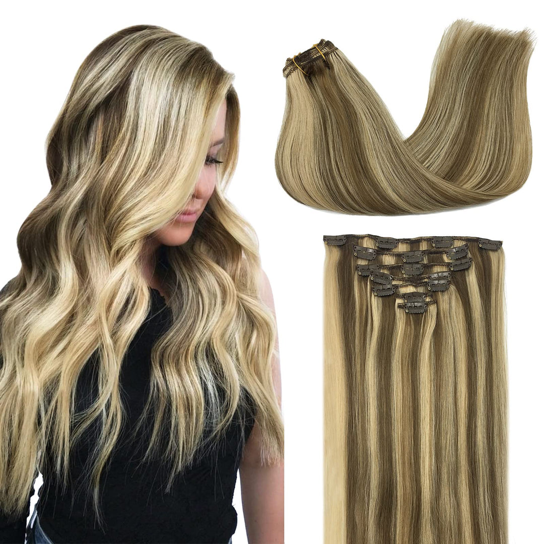 Doores Human Hair Extensions Clip In Medium Brown Highlighted Golden Blonde 120G 7Pcs 14 Inch Clip In Hair Extensions Real Human