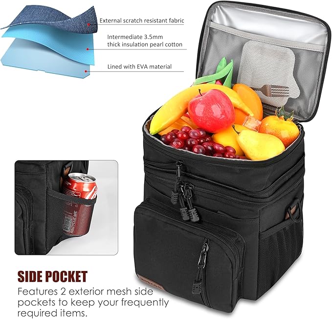 MIYCOO Lunch Bag & Lunch Box for Men Women Double Deck - Leakproof Insulated Soft Large Adult Lunch Cooler Bag for Work, (Black Zipper Pull, 15L)