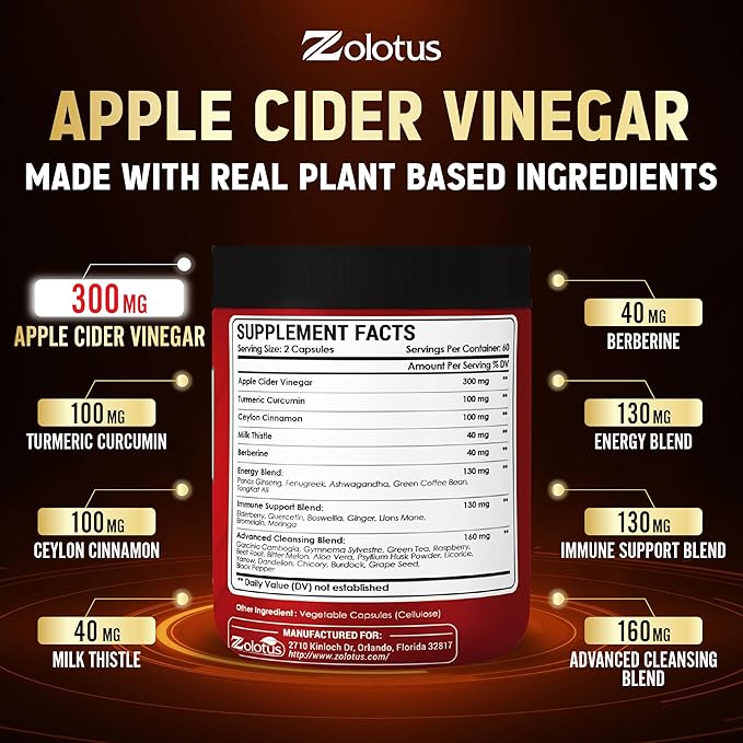 Zolotus 32 in 1 Apple Cider Vinegar Capsules with Turmeric, Cinnamon, Milk Thistle, Elderberry, Quercetin for Support Digestion, Immune 120 Capsules