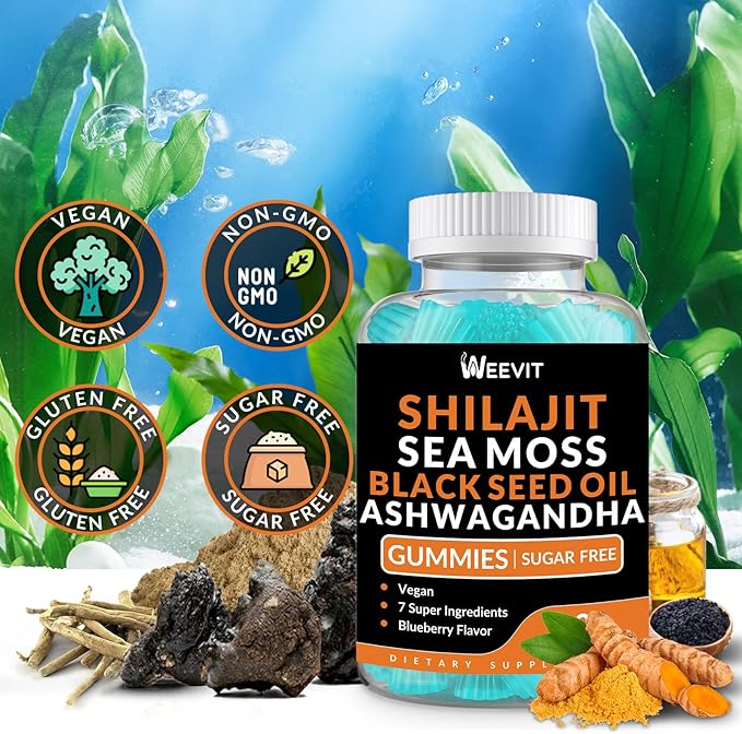Shilajit Ashwagandha Black Seed Oil Gummies with Sea Moss for Women & Men, All in 1 Supplements Advanced Strength Formula for Immune, Absorption & Energy Support