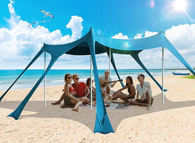 Beach Tent, Camping Sun Shelter UPF50+ with 6 Sandbags, 2 Sand Shovel, 4 Stability Poles, Outdoor Pop UP Beach Canopy for Camping Trips, Fishing, Backyard Fun, Picnics-Navy Blue