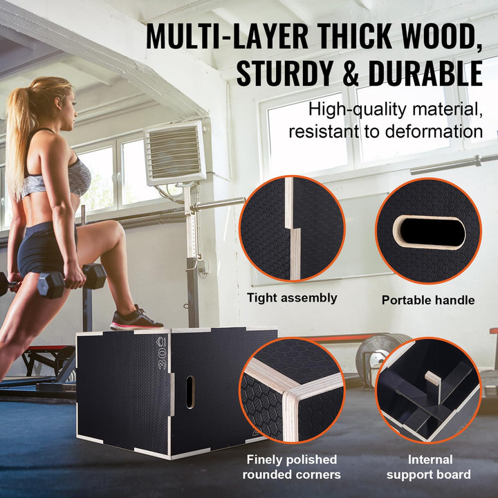 VEVOR 3 in 1 Plyometric Jump Box, Easy-to-Assemble Wood Plyo Box for Jumping Trainers, Home Gym Training and Conditioning, 30" x 24" x 20"