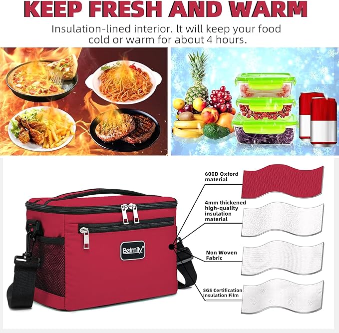 BEIMILY Lunch Box for Men/Women,Small Insulated Lunch Bag,Reusable LunchBox for work Picnic Hiking Beach,Leakproof Soft Cooler Tote Bag Organizer with Adjustable Shoulder Strap for Adults(Red)