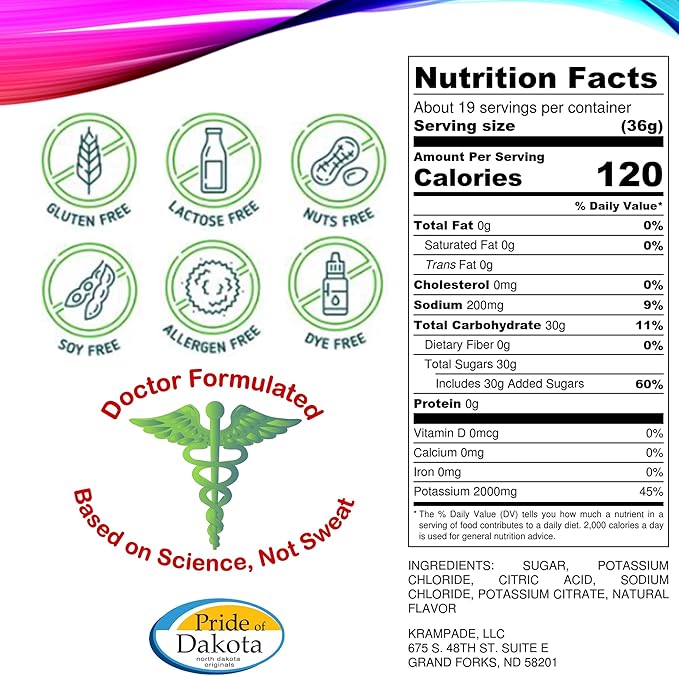 Electrolytes Powder Potassium Supplement - 2000 mg K+, >2X More Than Coconut Water | Cramp Relief and Prevention | Hydration Powder