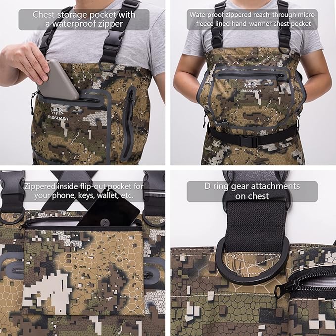 BASSDASH Breathable Ultra Lightweight Veil Camo Chest Stocking Foot Fishing Hunting Waders for Men