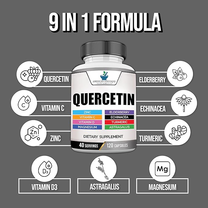 American Standard Supplements Quercetin 1000mg Per Serving with Zinc, Vitamin C, Vitamin D3, Magnesium, Elderberry, Echinacea, Turmeric, Astragalus - Gluten Free, Non-GMO, 120 Capsules, 40 Servings