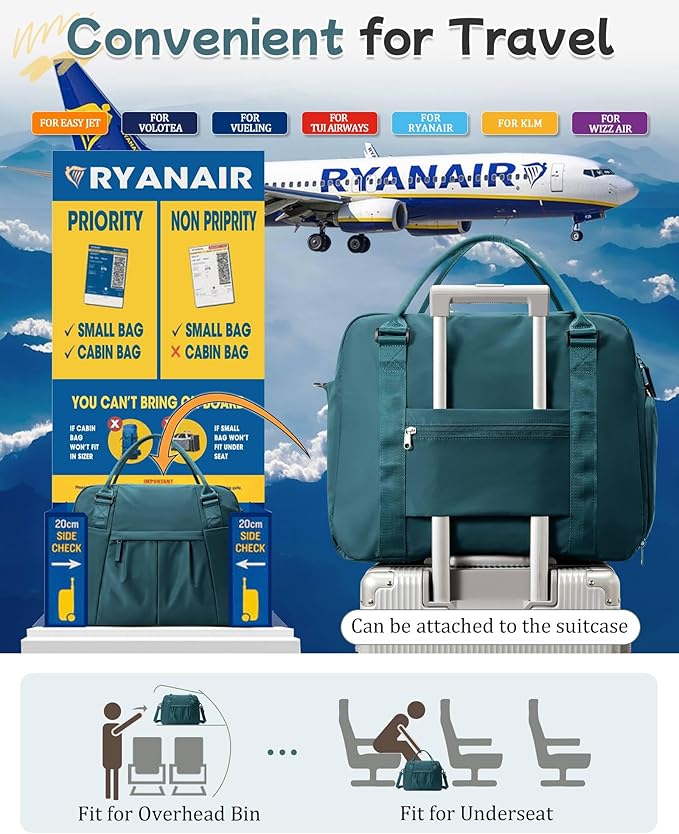 Large Carry on Gym Bag for Women, Waterproof Sport Bag for Fitness with Dry Wet Separated Pocket and Shoe Compartment, Overnight Weekender Fitness Workout Sports Bag, Peacock Blue