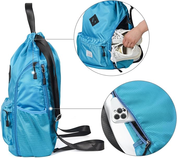 ALUSBELL Large Drawstring Backpack Bag, Sports Gym Bag String Sackpack with Shoes Compartment, Waterproof String Bag Cinch for Women Men(Lake Blue)