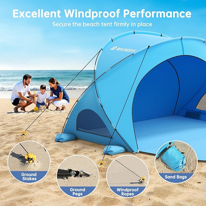 Beach Tent Sun Shelter, Beach Shade Tent with UPF50+ UV Protection, Beach Sun Shelter, Beach Shade with 2 Zippered Doors, Portable Beach Tent for Beach Camping Fishing