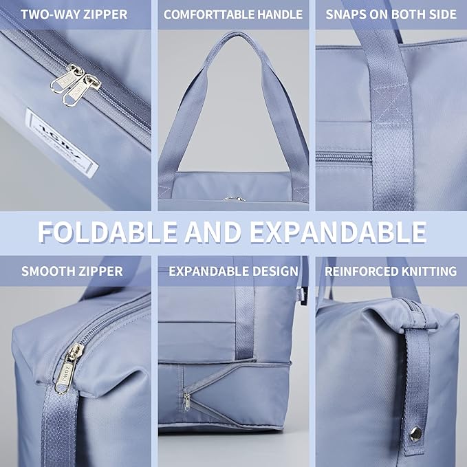 ZGWJ Expandable Travel Duffel Tote Bag - Foldable Overnight Weekender, Carry-On, Swim & Gym Bag - Fits Spirit Airlines Personal Item Size - Lightweight, Waterproof & Durable with Trolley Sleeve,Blue