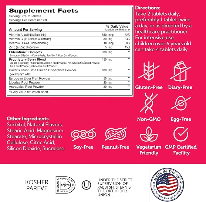 Zahler Kids Immune Support Supplement with Elderberry, Zinc and Vitamin C D3 A - Grape Flavored Chewable Tablets - Kosher for Kids Ages 4 and Up, 60 Count