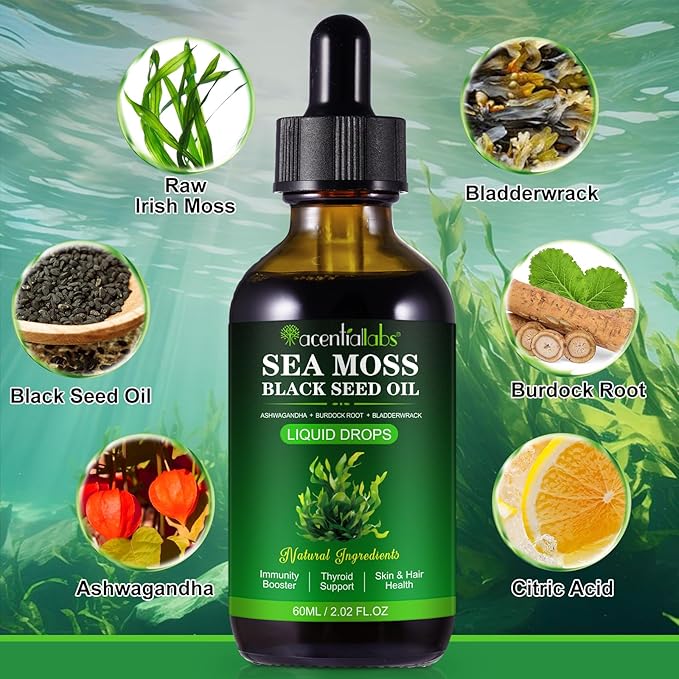 Sea Moss Liquid Drops - Irish Sea Moss with Burdock Root, Black Cumin, Bladderwrack, Ashwagandha - Essential Minerals Seamoss Supplement for Immune, Joint, Digestion, Aging Support