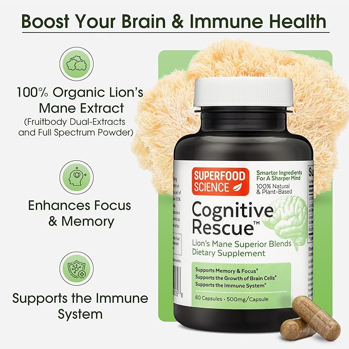 Cognitive Rescue, Lion's Mane Mushroom Capsules w/Lion's Mane Dual Extract, Nootropics, Brain Supplement for Memory and Focus, Mushroom Immune Support w/B Vitamins Complex, BioPerine, 60 Capsules